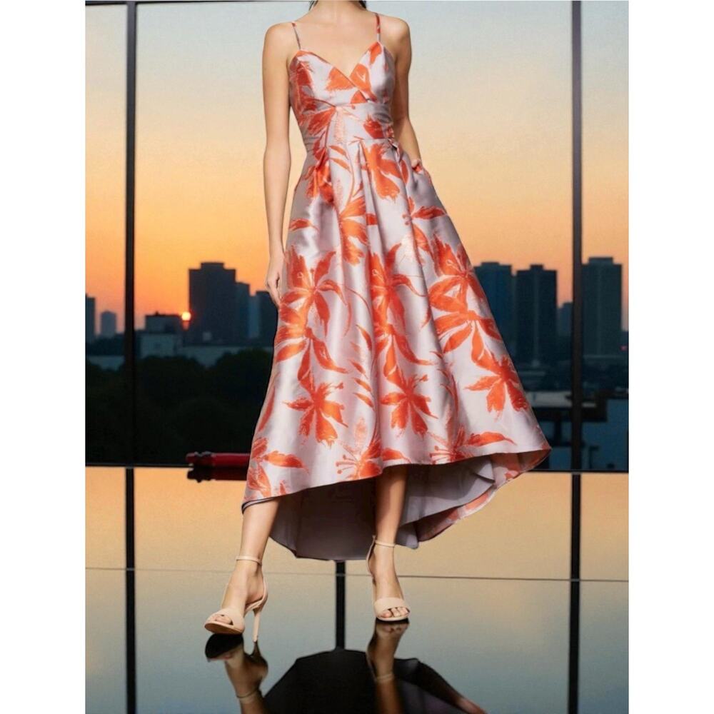 NWT Hutch High Low Spaghetti Strap Satin Midi Dress Pleated Gray Orange Size 8 - Picture 1 of 15